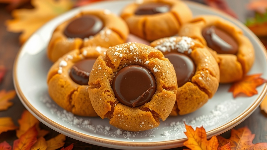 Chocolate-Stuffed Pumpkin Cookies Recipe A plate of chocolate-stuffed pumpkin cookies with a warm, inviting appearance, set against a backdrop of autumn leaves.